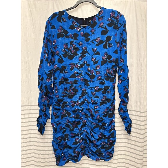 ZARA Mini Dress Womens Large Blue Floral Print Bodycone Long Sleeve NWT - Picture 2 of 10